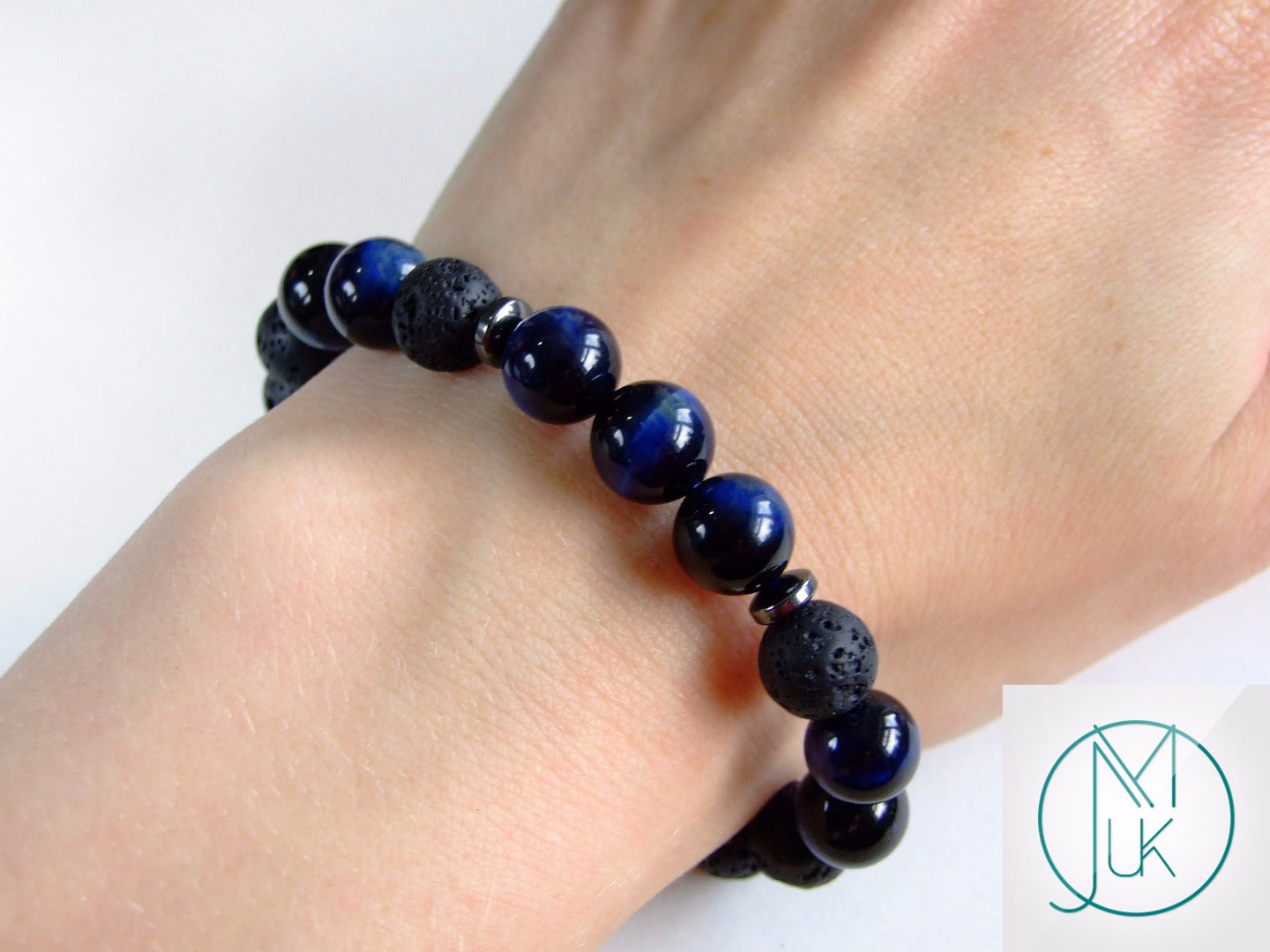 Blue Tigers Eye/Lava Natural Gemstone Bracelet 7-7.5'' Elasticated Michael's UK Jewellery