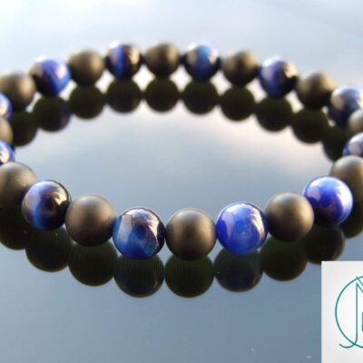 Blue Tigers Eye Onyx Matt Natural Gemstone Bracelet 7-7.5'' Elasticated Michael's UK Jewellery