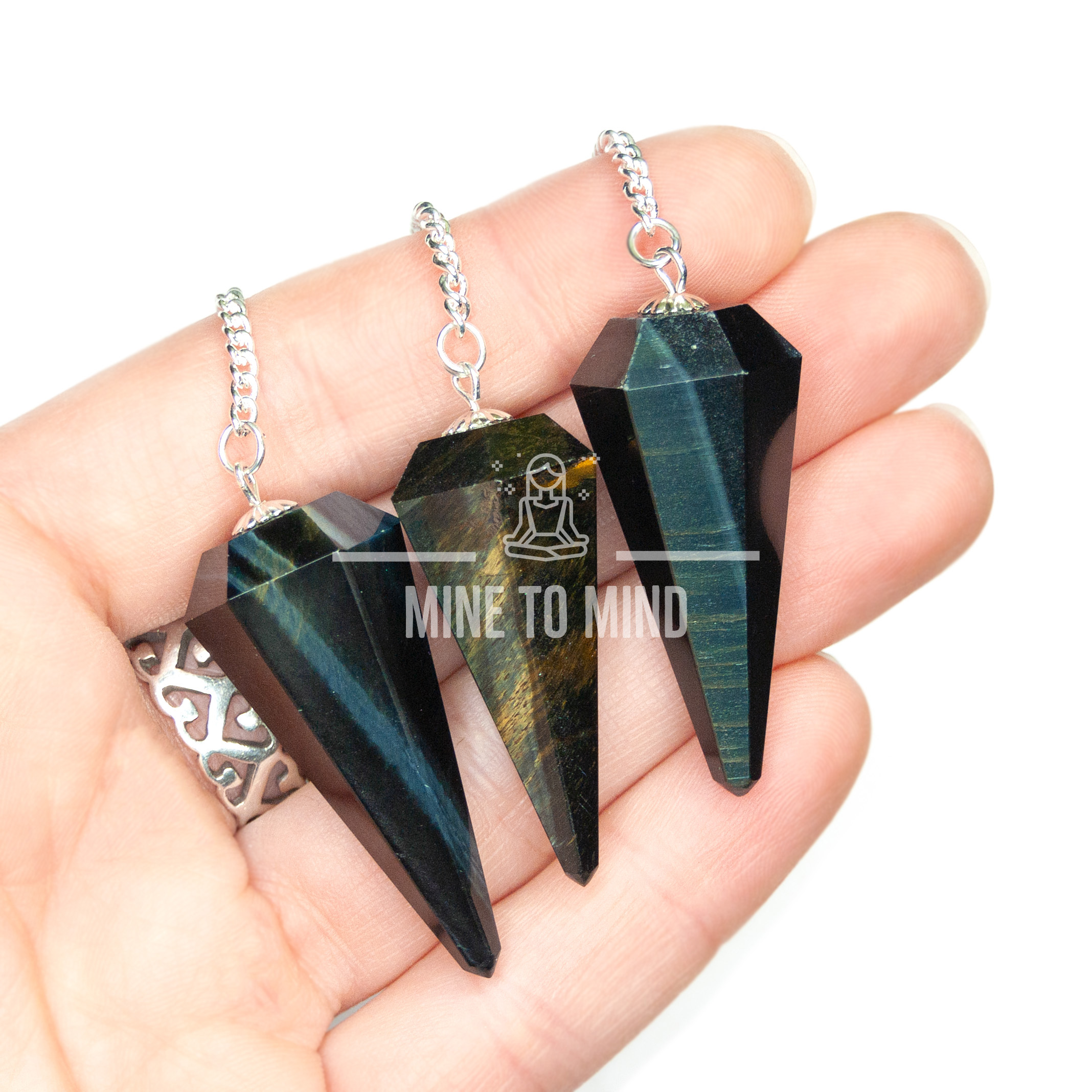 Blue Tiger's Hawk's Eye Gemstone Pendulum for Dowsing Divination Wicca mine to mind