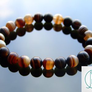 Brown Banded Frosted Agate Natural Gemstone Bracelet 7-8'' Elasticated Michael's UK Jewellery