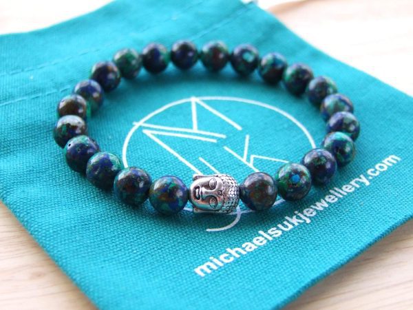 Buddha Azurite Natural Gemstone Bracelet 6-9'' Elasticated Michael's UK Jewellery