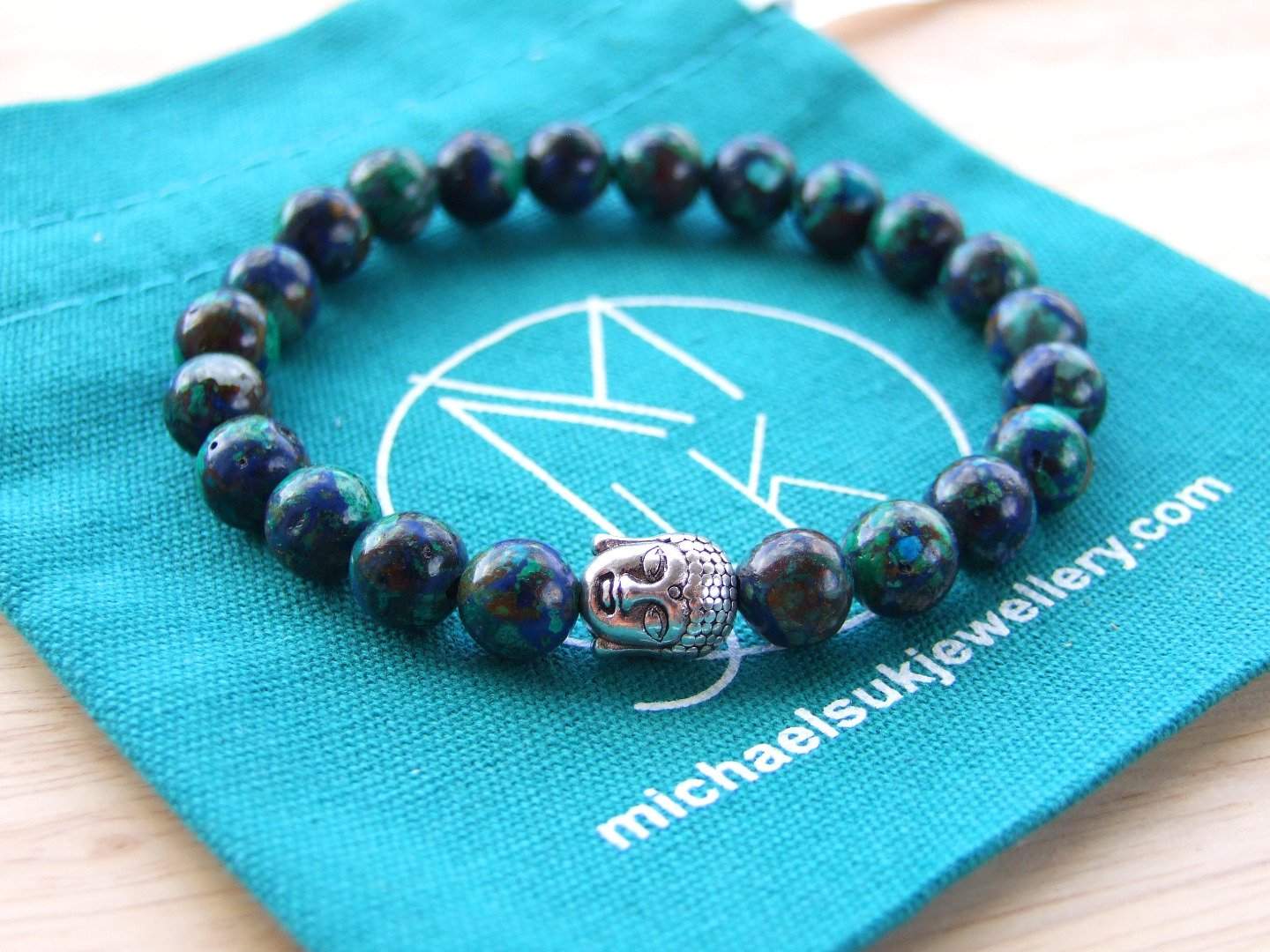 Buddha Azurite Natural Gemstone Bracelet 6-9'' Elasticated Michael's UK Jewellery