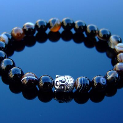 Buddha Black Agate Natural Gemstone Bracelet 6-9'' Elasticated Michael's UK Jewellery
