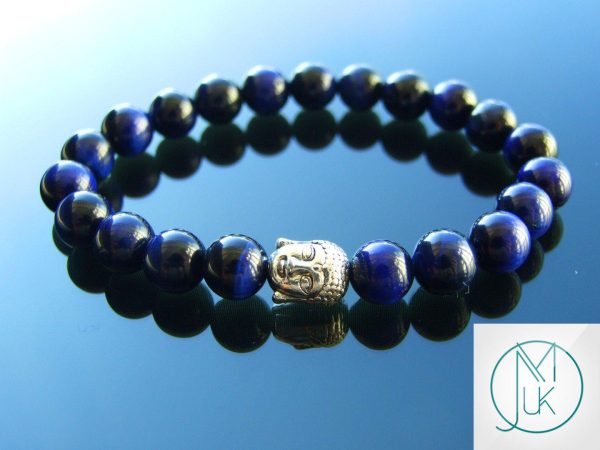 Buddha Blue Tigers Eye Dyed Natural Gemstone Bracelet 6-9'' Elasticated Michael's UK Jewellery