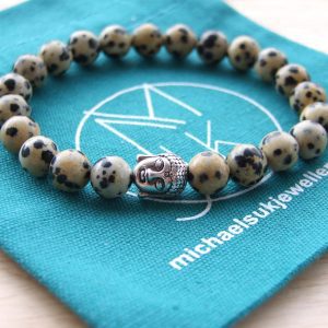 Buddha Dalmatian Jasper Natural Gemstone Bracelet 6-9'' Elasticated Michael's UK Jewellery