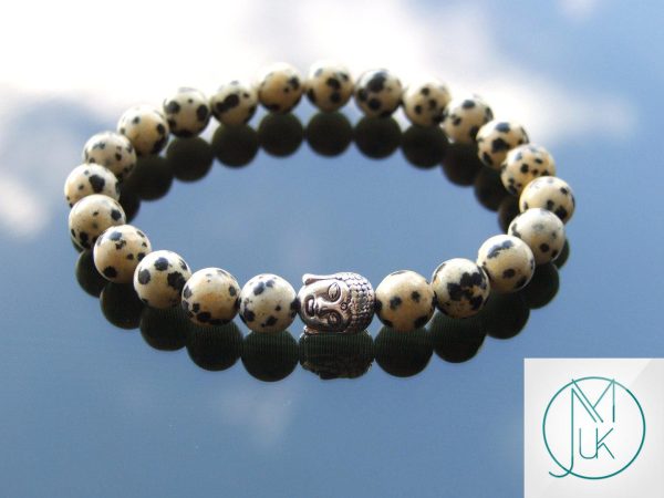 Buddha Dalmatian Jasper Natural Gemstone Bracelet 6-9'' Elasticated Michael's UK Jewellery
