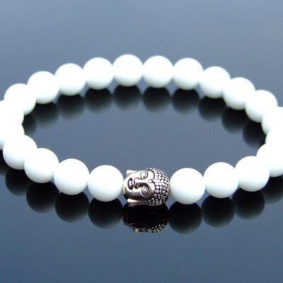 Buddha Frosted White Agate Natural Gemstone Bracelet 6-9'' Elasticated Michael's UK Jewellery