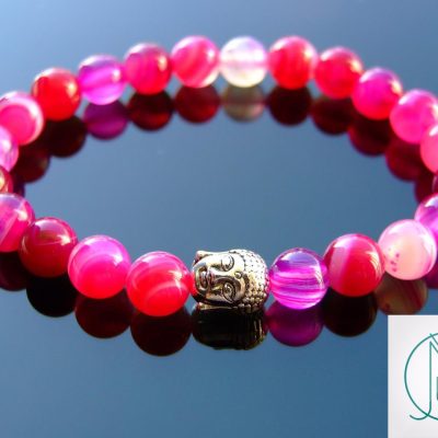 Buddha Fuchsia Banded Agate Dyed Natural Gemstone Bracelet 7-8'' Elasticated Michael's UK Jewellery