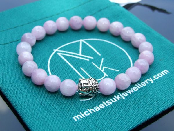Buddha Kunzite Natural Gemstone Bracelet 6-9'' Elasticated Michael's UK Jewellery