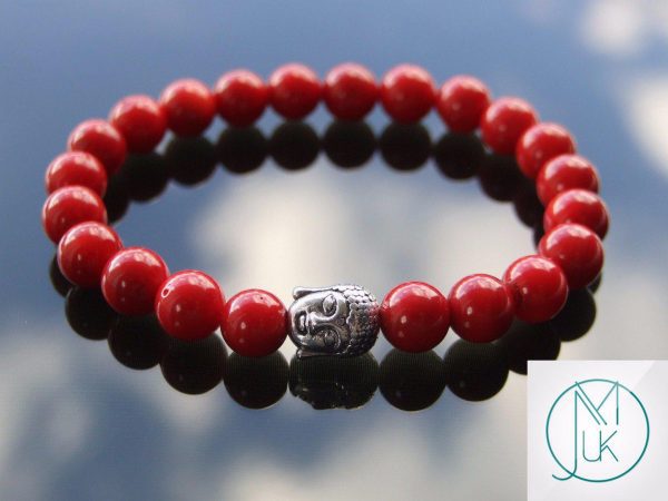 Buddha Red Coral Natural Dyed Gemstone Bracelet 6-9'' Elasticated Michael's UK Jewellery