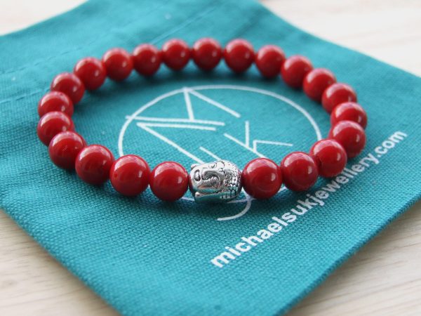 Buddha Red Coral Natural Dyed Gemstone Bracelet 6-9'' Elasticated Michael's UK Jewellery