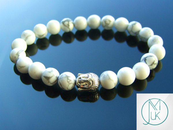Buddha White Howlite Natural Gemstone Bracelet 6-9'' Elasticated Michael's UK Jewellery