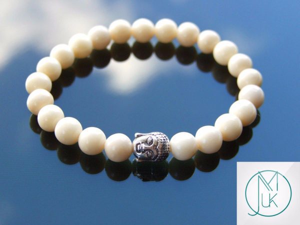 Buddha White Jasper Natural Gemstone Bracelet 6-9'' Elasticated Michael's UK Jewellery