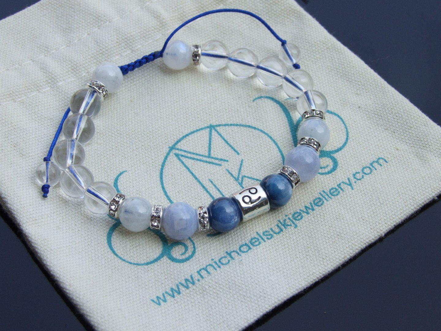 Cancer Kyanite Moonstone Blue Lace Birthstone Bracelet 6-9'' Macrame Michael's UK Jewellery