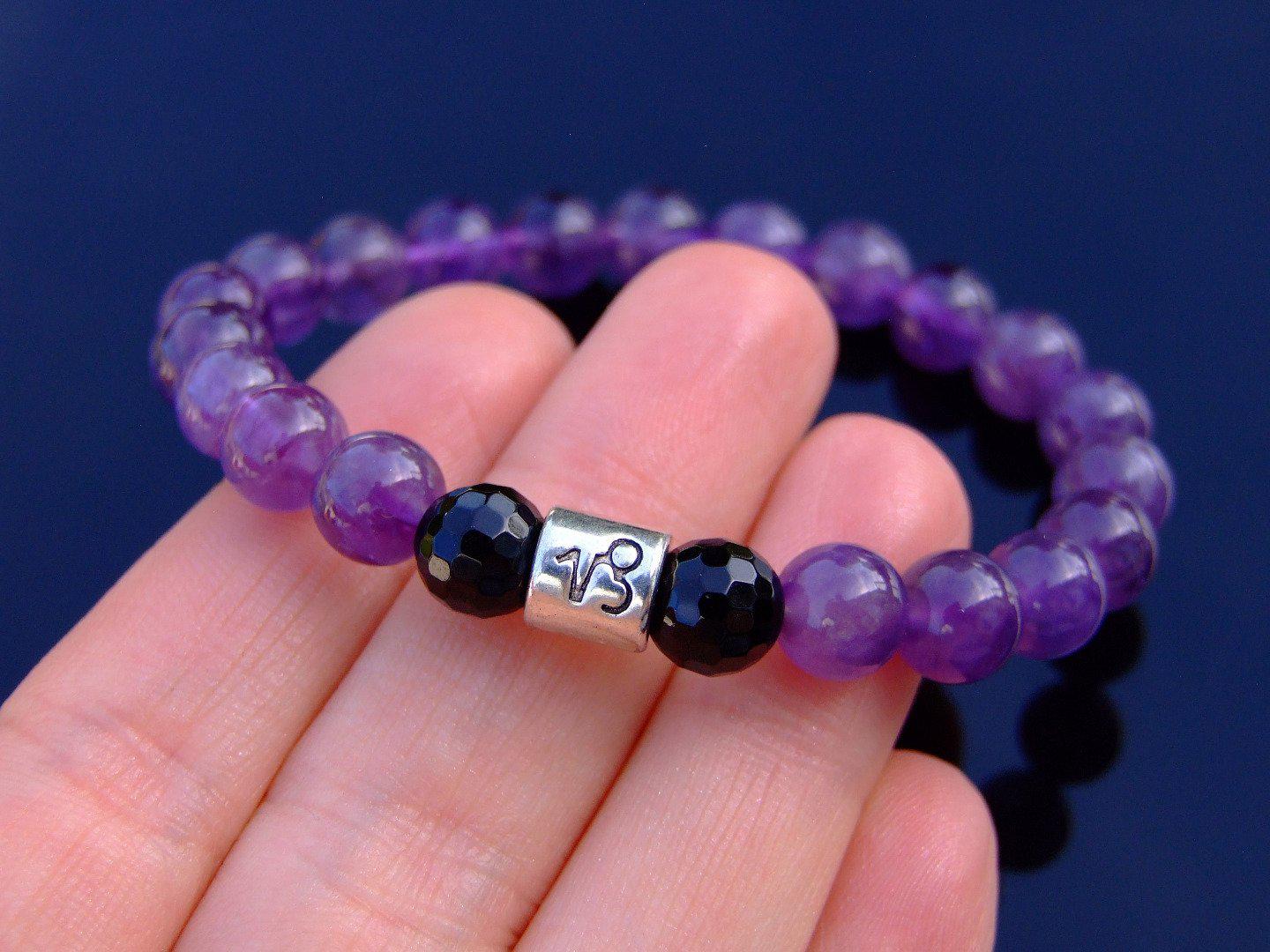 Capricorn Amethyst Onyx Birthstone Bracelet 6-9'' Elasticated Michael's UK Jewellery