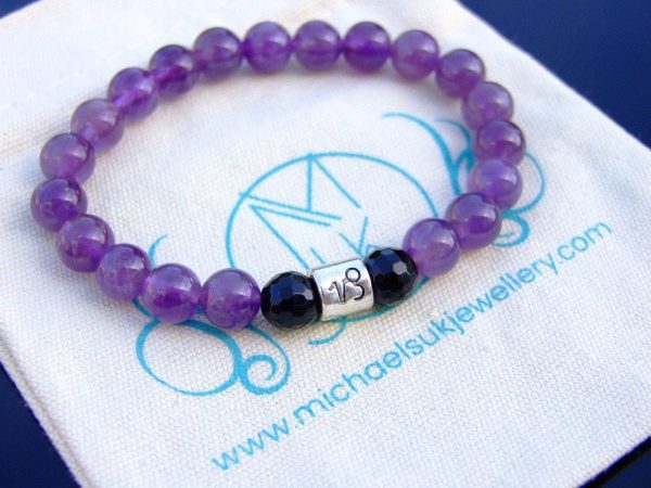 Capricorn Amethyst Onyx Birthstone Bracelet 6-9'' Elasticated Michael's UK Jewellery