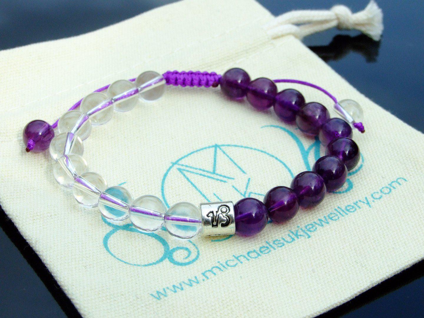 Capricorn Amethyst Rock Crystal Birthstone Bracelet 6-9'' Macrame Michael's UK Jewellery