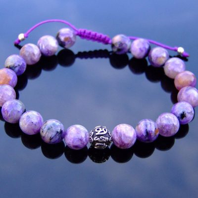 Charoite Om Sterling Silver Natural Gemstone Bracelet 6-9'' Macrame Michael's UK Jewellery
