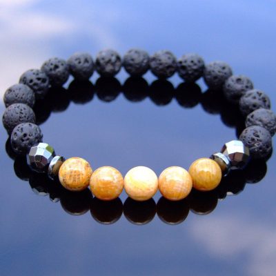 Chrysanthemum and Lava Natural Gemstone Bracelet 6-9'' Elasticated Michael's UK Jewellery