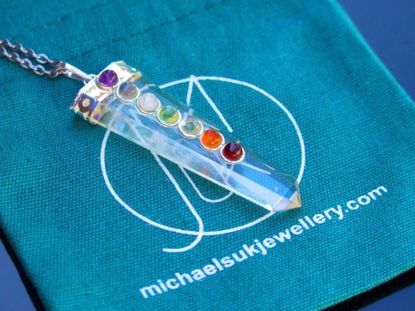 Clear Quartz 7 Chakra Natural Gemstone Pendant Necklace 50cm Michael's UK Jewellery