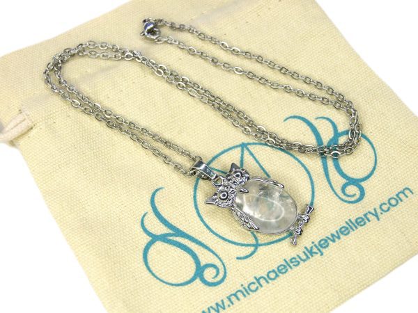Clear Quartz Necklace Owl Pendant Natural Gemstone With Pouch Michael's UK Jewellery