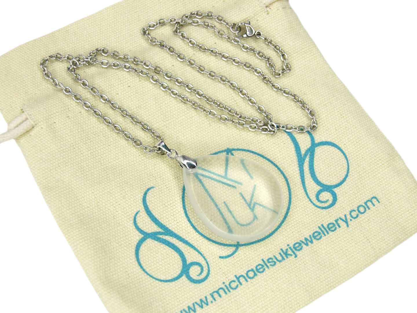 Clear Quartz Necklace Tear Pendant Natural Gemstone 50cm Chain with Pouch Michael's UK Jewellery