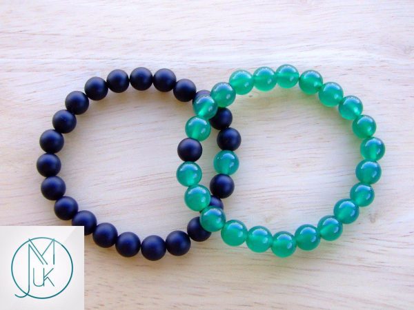 Couple Green Agate/Onyx Natural Gemstone Bracelet 6-9'' Elasticated Michael's UK Jewellery