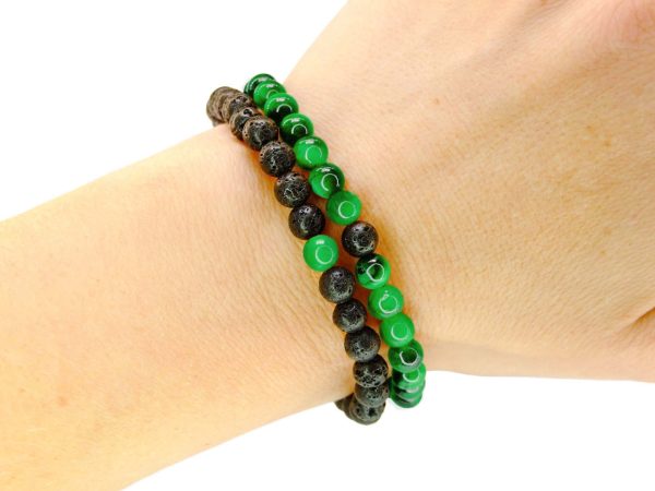 Couple Lava/Green Tigers Eye 6mm Natural Gemstone Bracelets 6-9'' Elasticated Michael's UK Jewellery