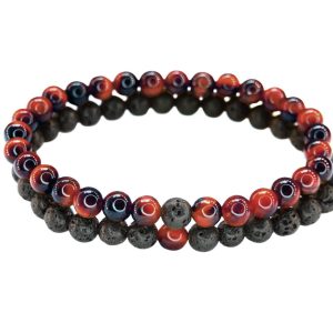 Couple Lava/Red Tigers Eye Bracelets 6mm Natural Gemstone 6-9'' Elasticated with Pouch Michael's UK Jewellery