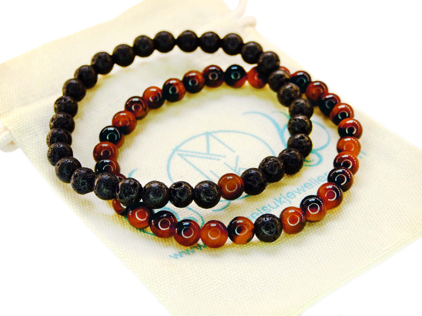 Couple Lava/Red Tigers Eye Bracelets 6mm Natural Gemstone 6-9'' Elasticated with Pouch Michael's UK Jewellery