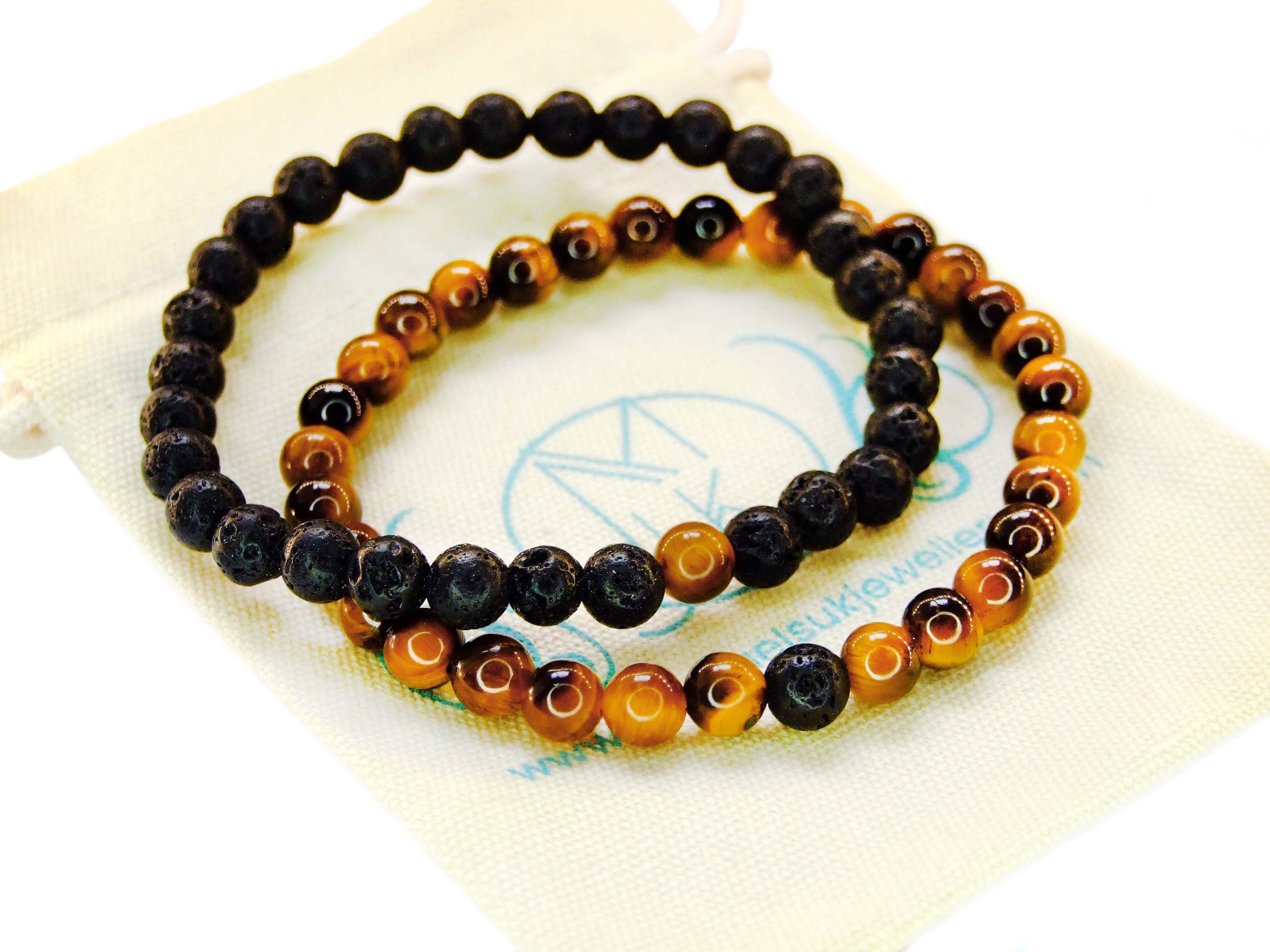 Couple Lava/Tigers Eye 6mm Natural Gemstone Bracelets 6-9'' Elasticated Michael's UK Jewellery