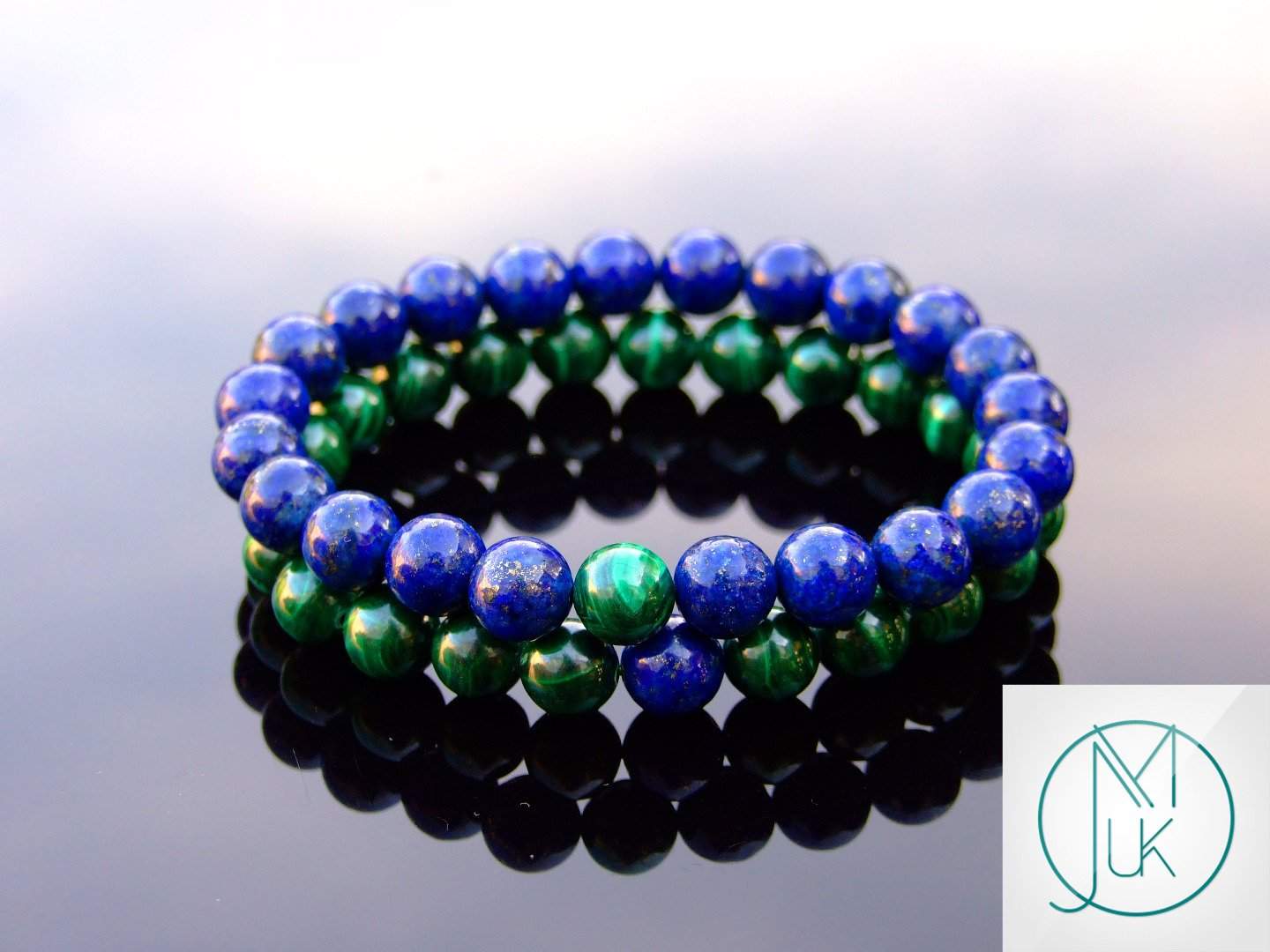 Couple Malachite/Lapis Lazuli Natural Gemstone Bracelet 6-9'' Elasticated Michael's UK Jewellery
