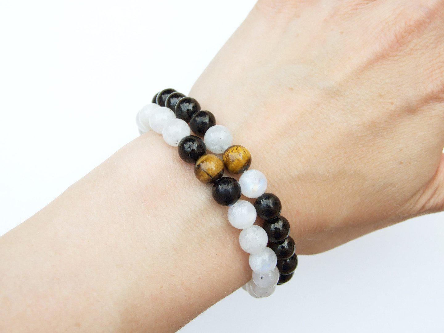 Couple Moonstone/Jet/Tiger Natural Gemstone Bracelet 6-9'' Elasticated Michael's UK Jewellery