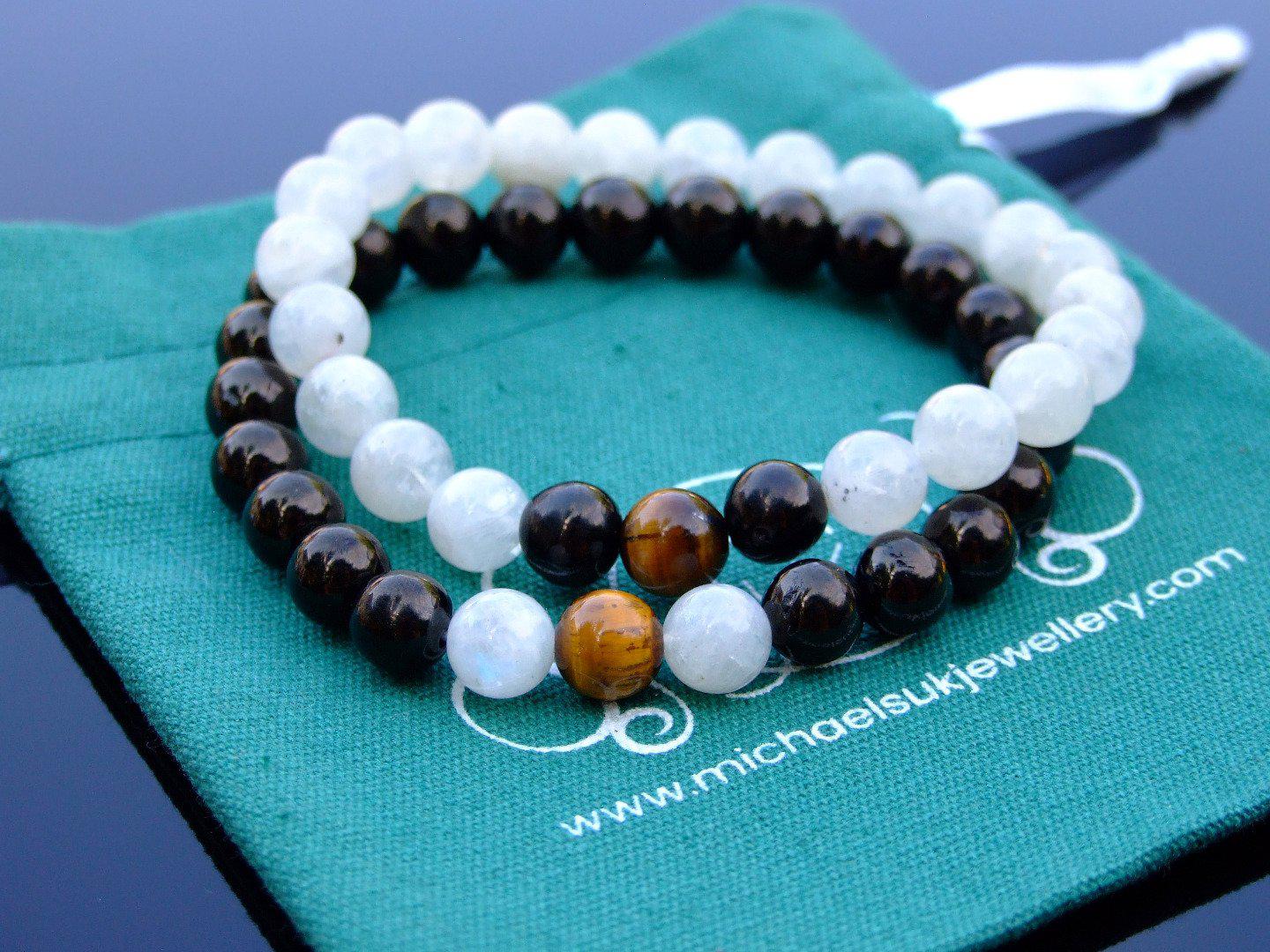 Couple Moonstone/Jet/Tiger Natural Gemstone Bracelet 6-9'' Elasticated Michael's UK Jewellery