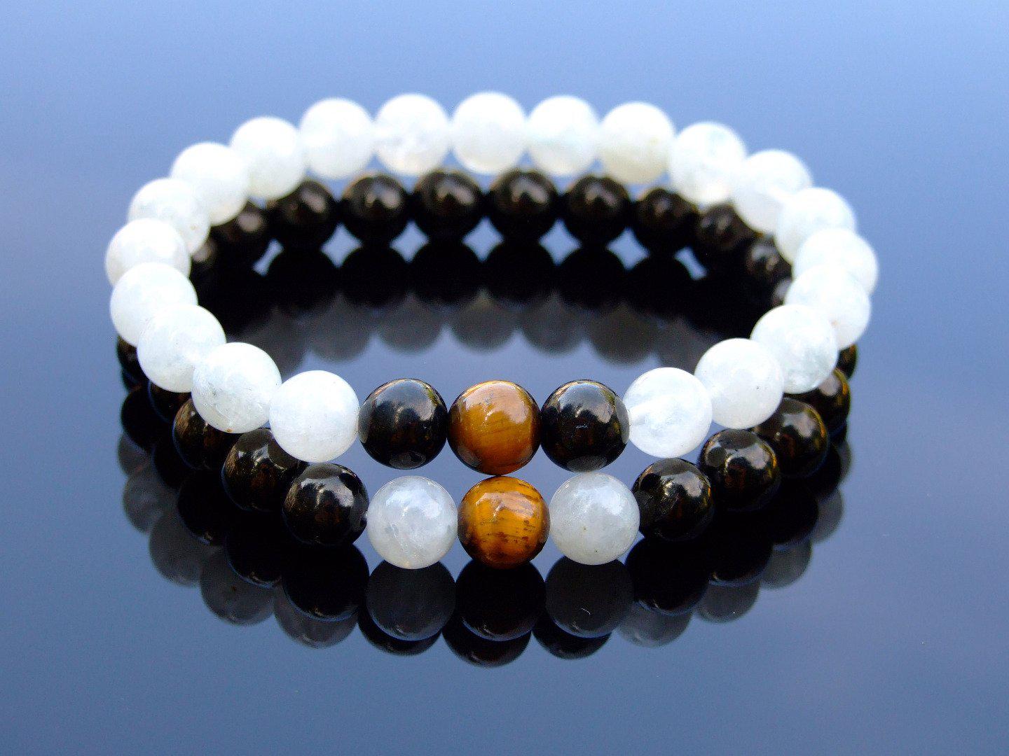 Couple Moonstone/Jet/Tiger Natural Gemstone Bracelet 6-9'' Elasticated Michael's UK Jewellery