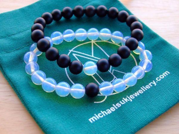 Couple Opalite/Onyx Natural Gemstone Bracelet 6-9'' Elasticated Michael's UK Jewellery