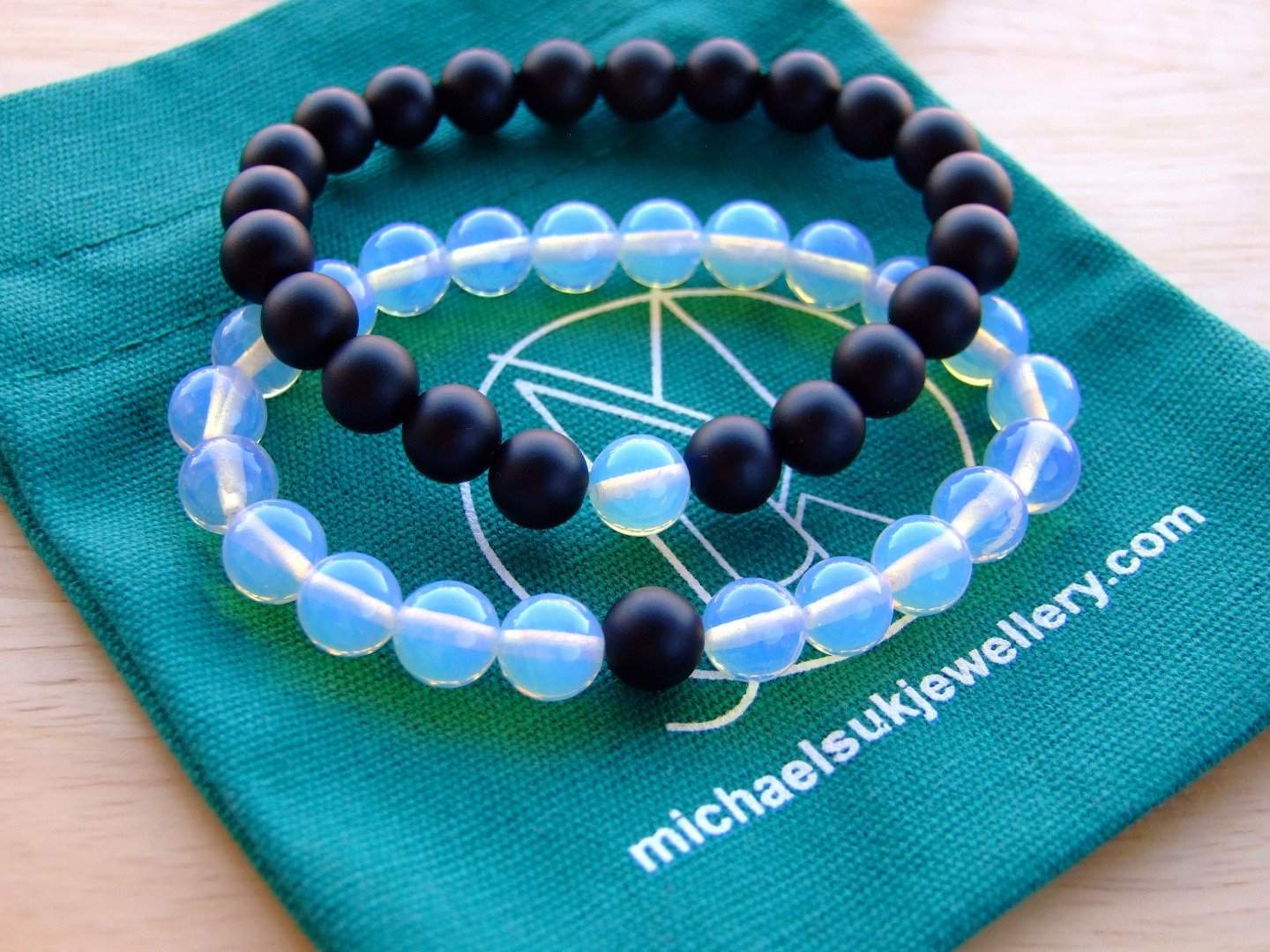 Couple Opalite/Onyx Natural Gemstone Bracelet 6-9'' Elasticated Michael's UK Jewellery