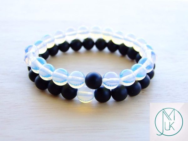 Couple Opalite/Onyx Natural Gemstone Bracelet 6-9'' Elasticated Michael's UK Jewellery
