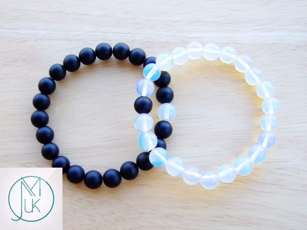Couple Opalite/Onyx Natural Gemstone Bracelet 6-9'' Elasticated Michael's UK Jewellery