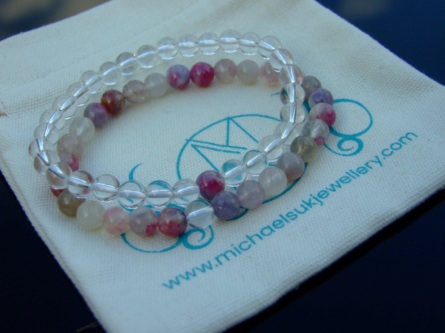 Couple Quartz/Tourmaline Natural Gemstone Bracelet 6-9'' Elasticated Michael's UK Jewellery