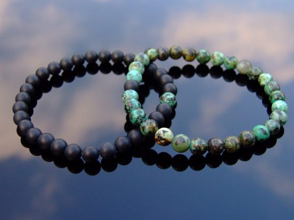 Couple Turquoise/Onyx Natural Gemstone Bracelet 6-9'' Elasticated Michael's UK Jewellery