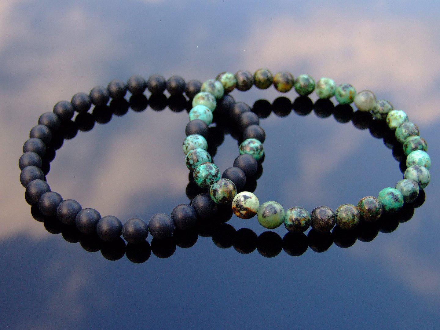 Couple Turquoise/Onyx Natural Gemstone Bracelet 6-9'' Elasticated Michael's UK Jewellery