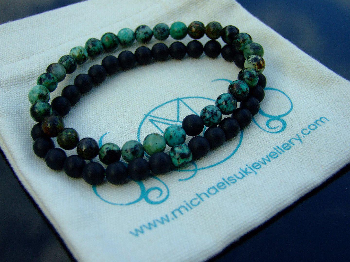 Couple Turquoise/Onyx Natural Gemstone Bracelet 6-9'' Elasticated Michael's UK Jewellery
