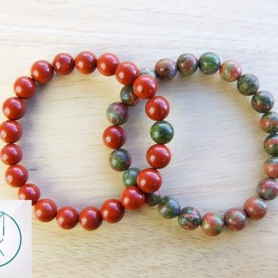 Couple Unakite/Red Jasper Natural Gemstone Bracelets 7-8'' Elasticated Michael's UK Jewellery