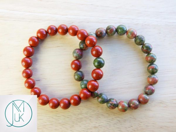 Couple Unakite/Red Jasper Natural Gemstone Bracelets 7-8'' Elasticated Michael's UK Jewellery