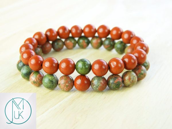 Couple Unakite/Red Jasper Natural Gemstone Bracelets 7-8'' Elasticated Michael's UK Jewellery