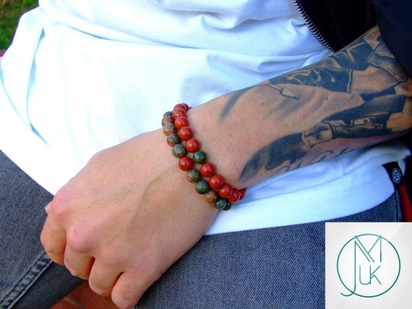Couple Unakite/Red Jasper Natural Gemstone Bracelets 7-8'' Elasticated Michael's UK Jewellery