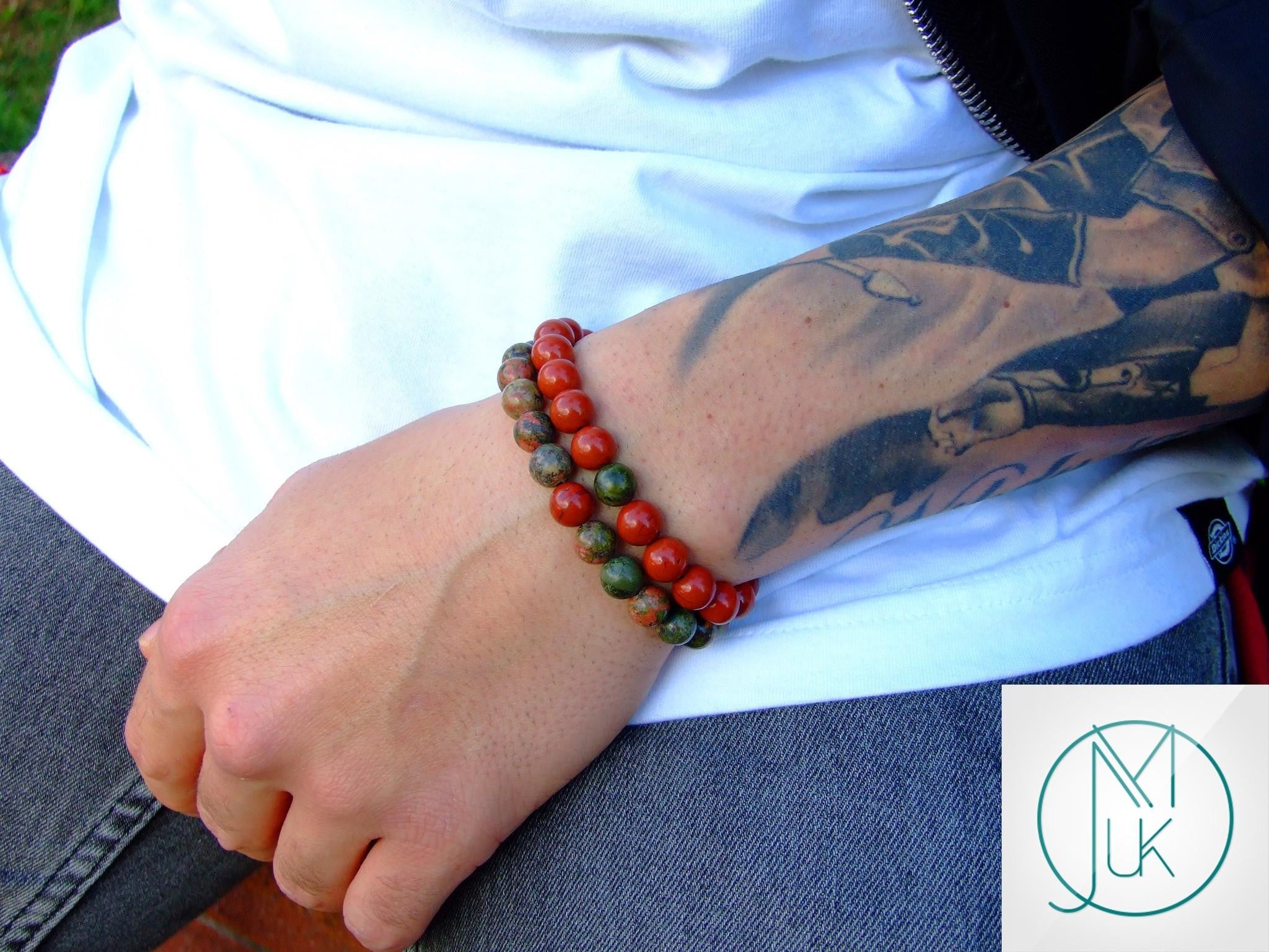 Couple Unakite/Red Jasper Natural Gemstone Bracelets 7-8'' Elasticated Michael's UK Jewellery