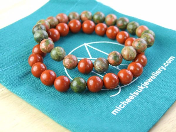Couple Unakite/Red Jasper Natural Gemstone Bracelets 7-8'' Elasticated Michael's UK Jewellery