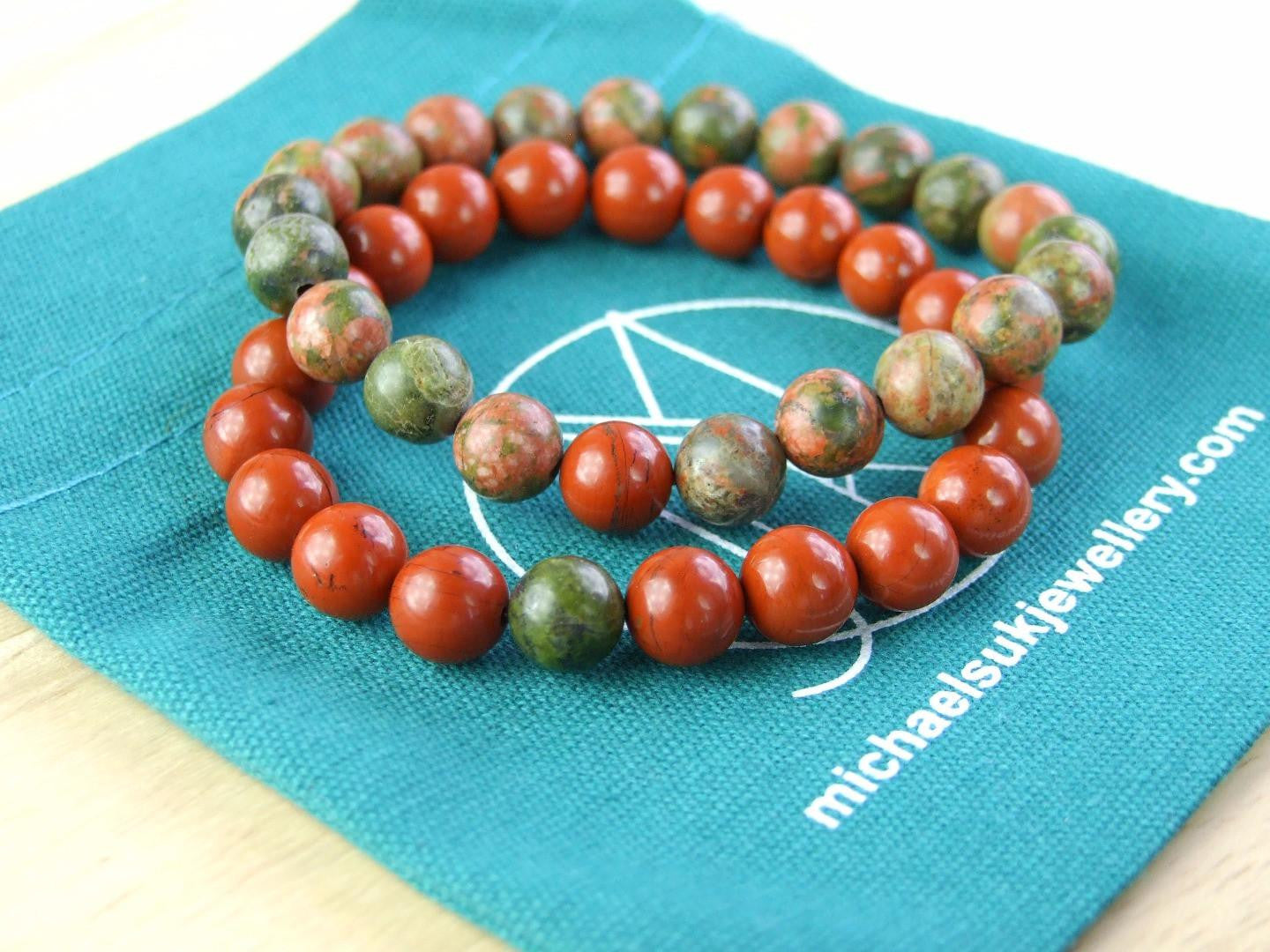 Couple Unakite/Red Jasper Natural Gemstone Bracelets 7-8'' Elasticated Michael's UK Jewellery